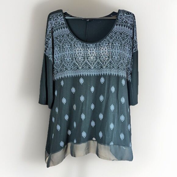BLEU Women’s 3/4 Sleeve Black Tunic Silver Sequins Size 2X Sheer Trim - Picture 1 of 5